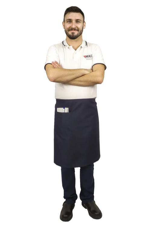 Sininen tarjoilijan esiliina, pituus 60 cm.