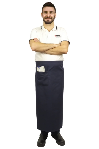 Sininen tarjoilijan esiliina, pituus 90 cm.