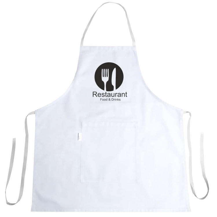 Ruoanlaittotakki, jossa on Restaurant Food & Drinks -tyylinen painatus.