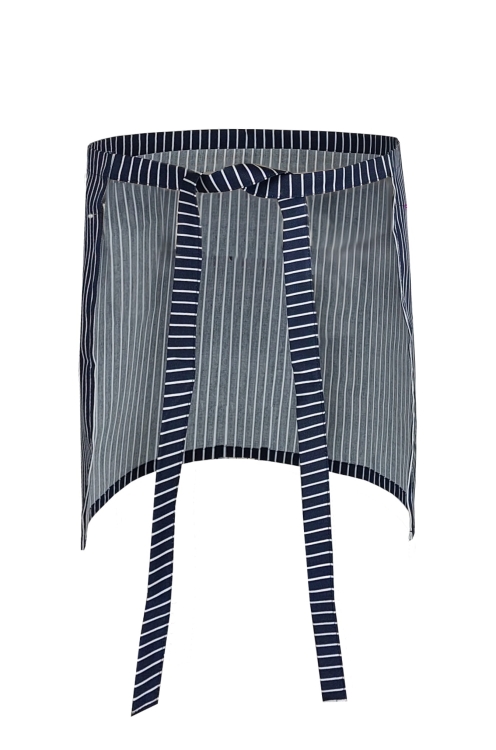 Sininen tarjoilijan esiliina valkoisilla raidoilla