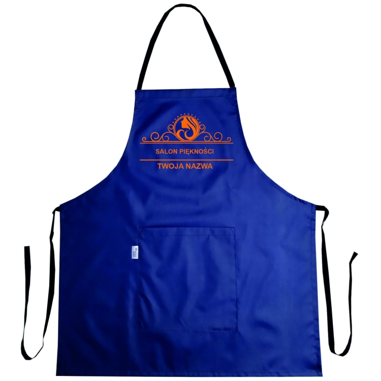 Vesitiivis kampaam apron 'Kauneussalonki' -grafiikalla.