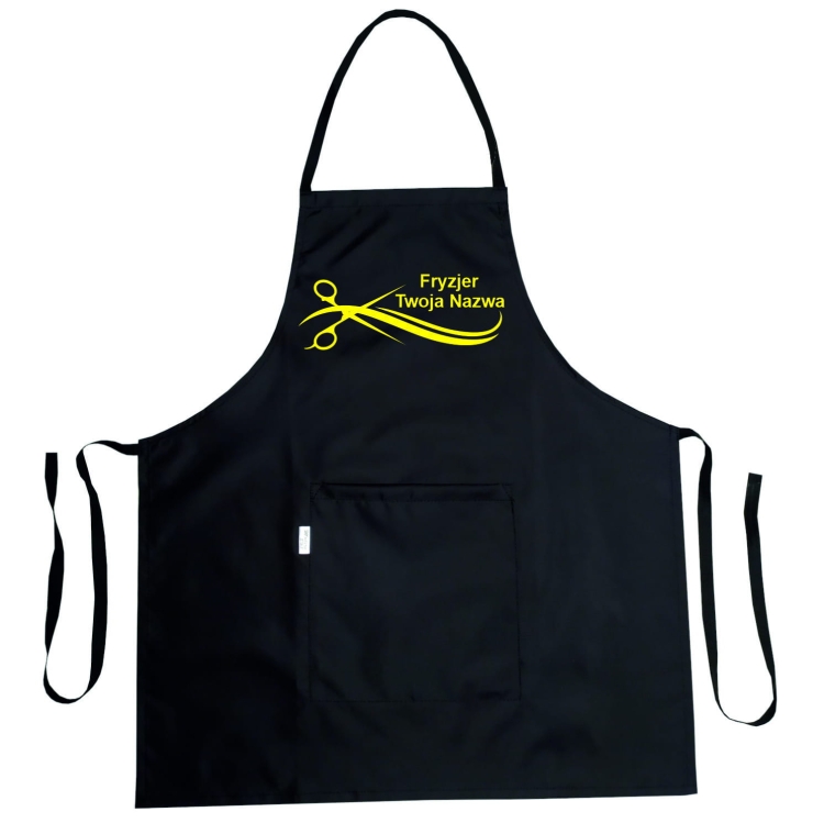 Vesitiivis kampaam apron 'Kultaiset sakset' -kuvalla.