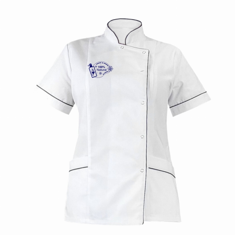 Valkoinen kosmetiikkatakki amarantinvärisellä reunuksella