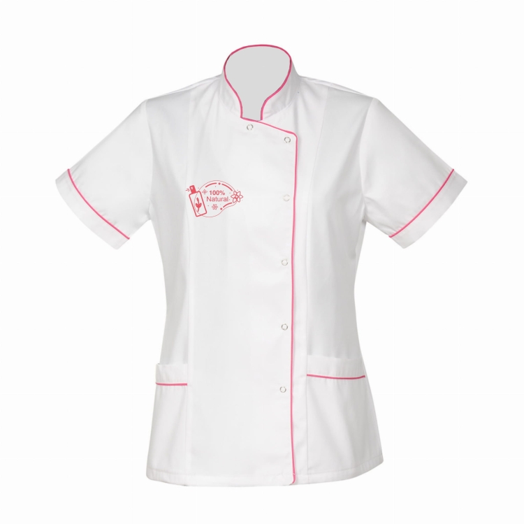 Valkoinen kosmetiikkatakki amarantin värisellä reunuksella