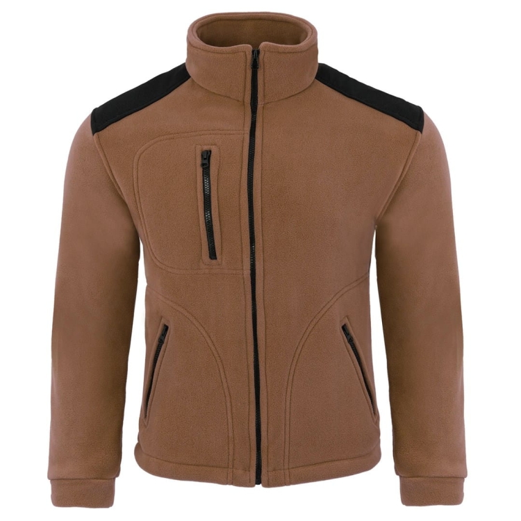 Ruskea fleece-paita mustilla yksityiskohdilla