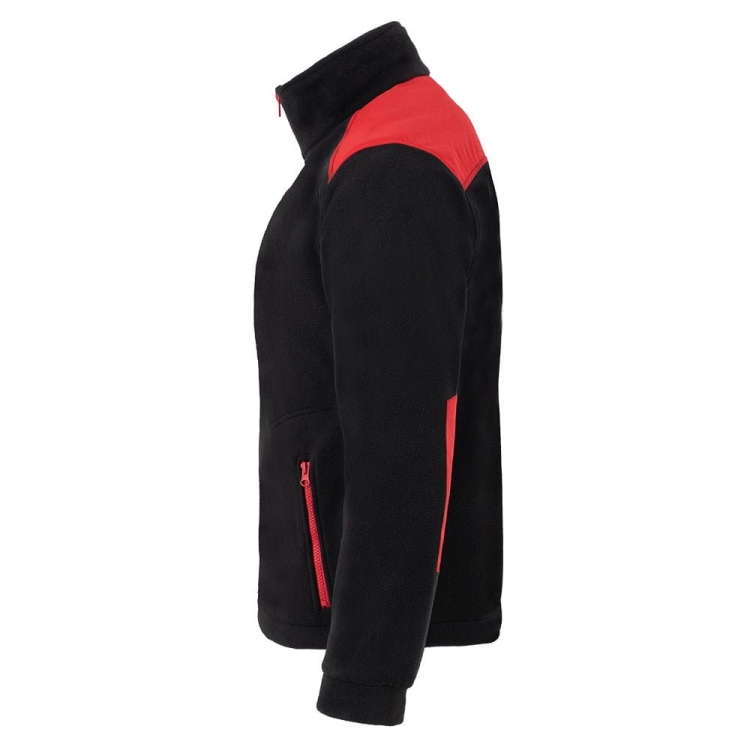 Musta fleece-paita punaisilla yksityiskohdilla.