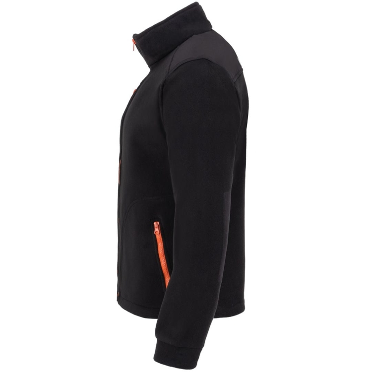 Mustat fleece-takki oransseilla yksityiskohdilla.