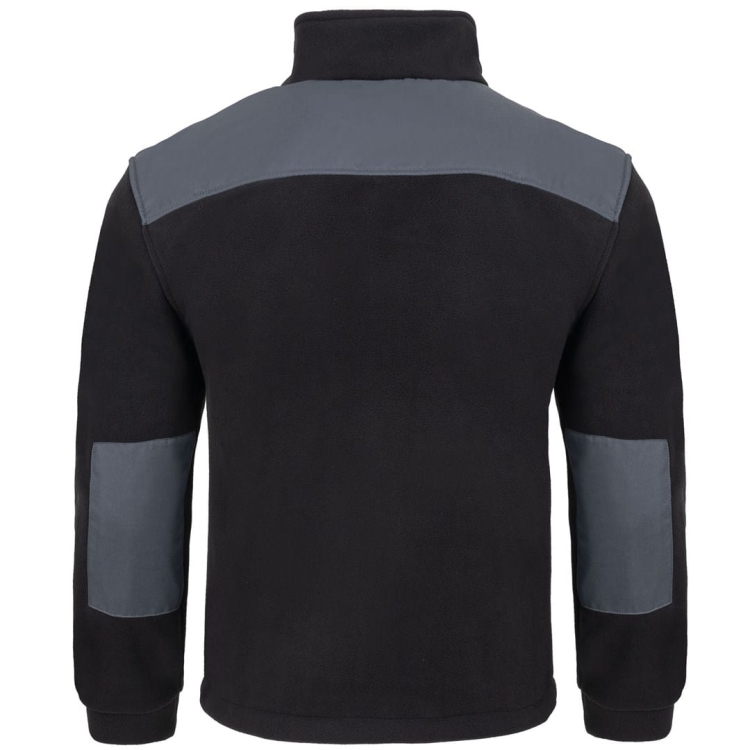Harmaa fleece-takki mustilla yksityiskohdilla.
