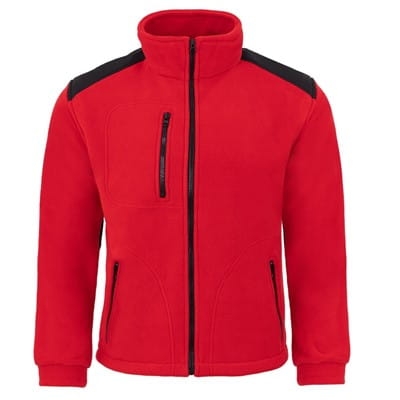 Punainen fleece-paita mustilla yksityiskohdilla