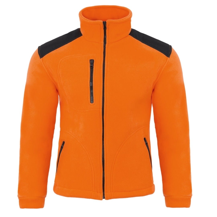 Oranssiin mustilla yksityiskohdilla varustettu fleece-paita.