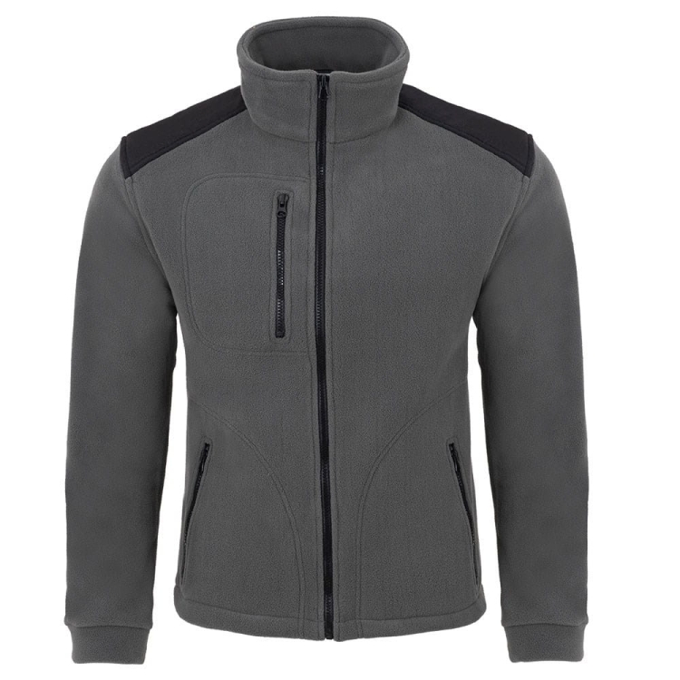 Harmaa fleece-paita mustilla yksityiskohdilla