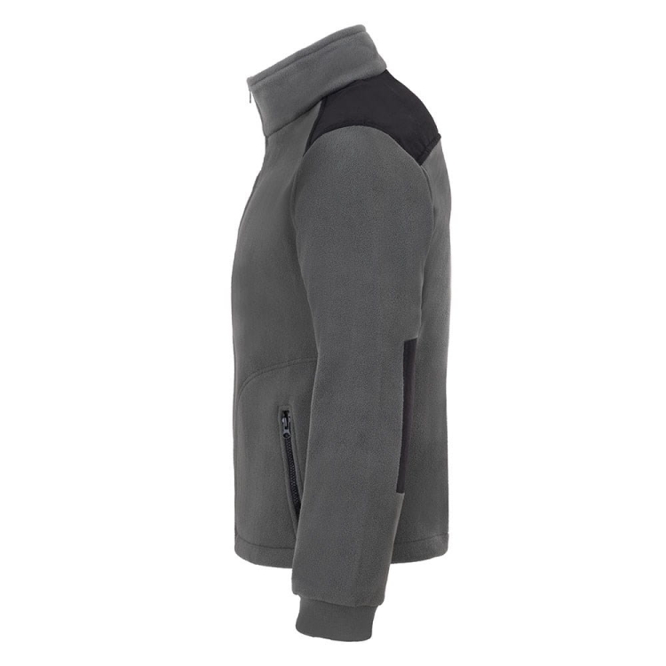 Harmaa fleece-takki mustilla yksityiskohdilla.