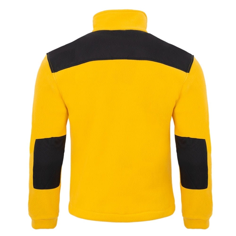 Keltainen fleece-paita mustilla yksityiskohdilla