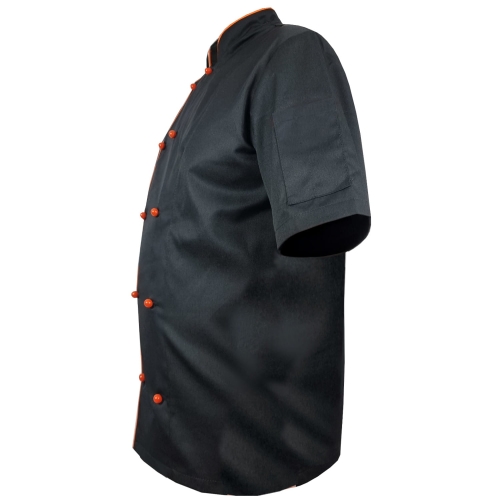 Miesten musta keittiöliivi oranssilla reunuksella.