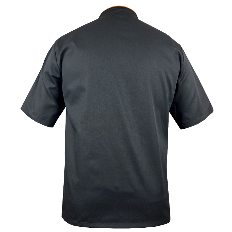 Miesten musta keittiöliivi oranssilla reunuksella.