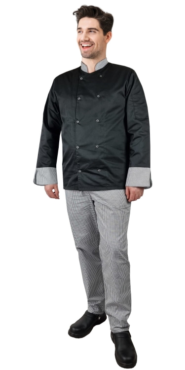 Pitkähihainen ruokalappu, jossa on houndstooth-kuvio.