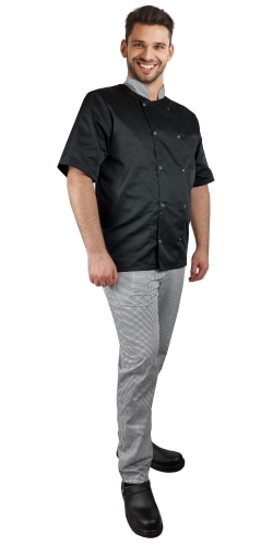 Pitkähihainen ruokalappu, jossa on napit, houndstooth-kuvio.