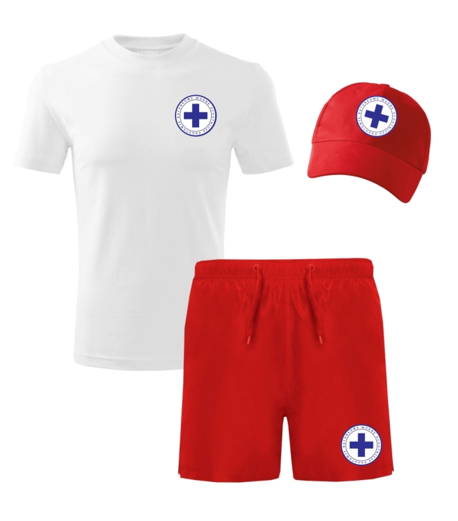 Pelastuspaketti, jossa on hattu, t-paita ja shortsit.