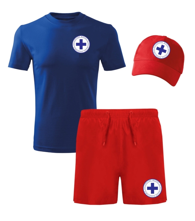 Pelastuspaketti, jossa on hattu, t-paita ja shortsit.