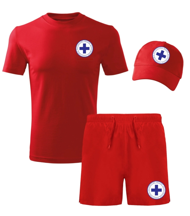 Pelastuspaketti, jossa on hattu, t-paita ja shortsit.