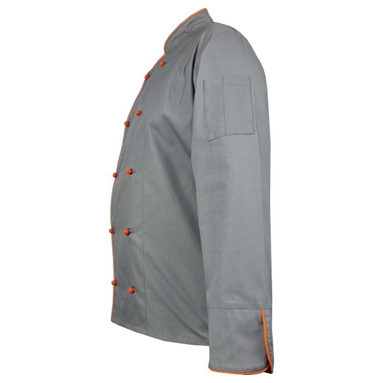 Długi rękaw czarnej bluzy kucharskiej z pomarańczowym wykończeniem