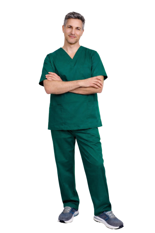 Miesten CLINIC-lääkäripuku merivärissä.