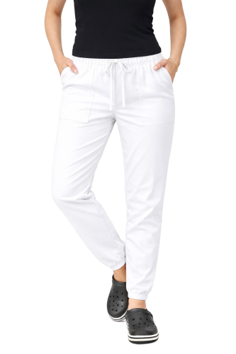 Joggery medyczne damskie białe z gumką i troczkiem