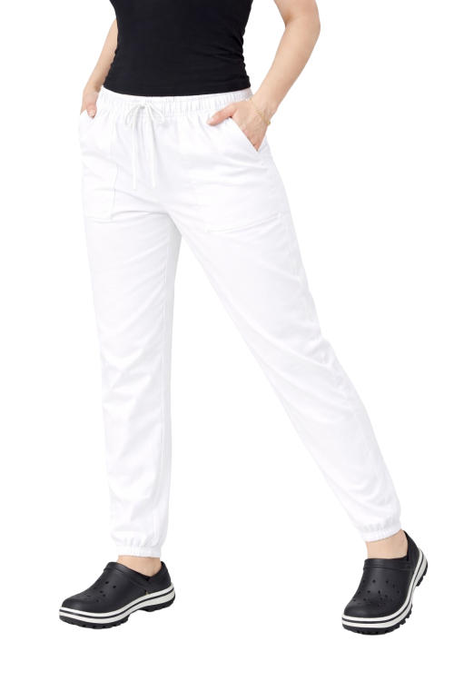Białe joggery medyczne damskie z troczkiem i gumką.png