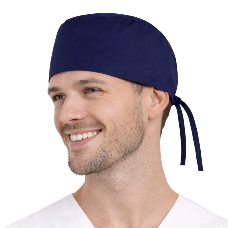 Czepek medyczny chirurgiczny wiązany unisex granatowy widok z boku.png