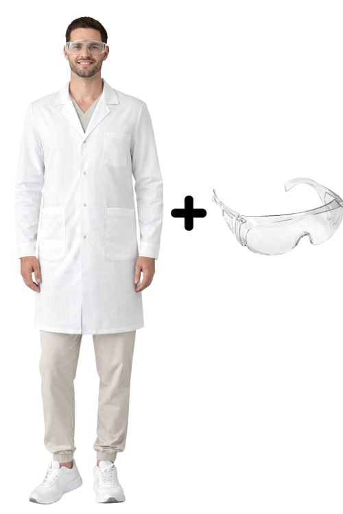 Zestaw laboratoryjny męski  fartuch medyczny z okularami