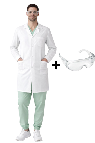 Zestaw laboratoryjny męski z fartuchami medycznymi i okularami