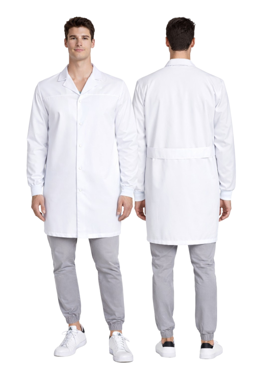 Fartuch męski biały bez kieszeni ze ściągaczami na rekawie