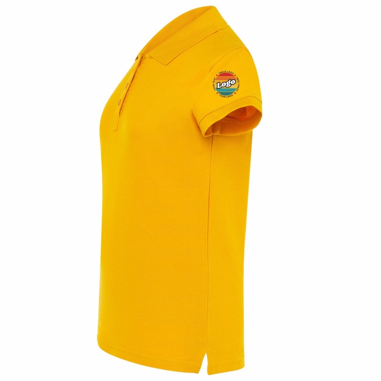 Koszulka polo damska żółta krótki rękaw z własnym nadrukiem kreator online lewy bok.jpg