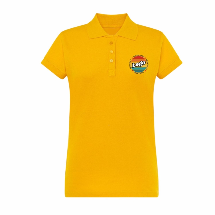 Koszulka polo damska żółta krótki rękaw z własnym nadrukiem kreator online przód.jpg