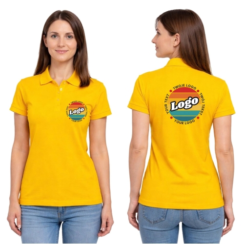 Koszulka polo damska żółta krótki rękaw z własnym nadrukiem kreator online.jpg