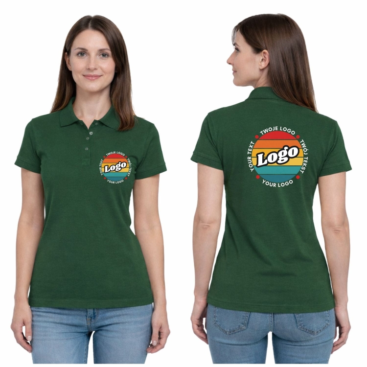 Koszulka polo damska zielona butelka krótki rękaw z własnym nadrukiem kreator online.jpg