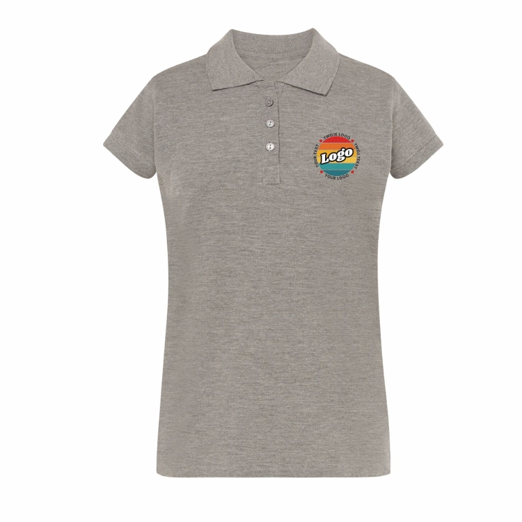 Koszulka polo damska szara krótki rękaw z własnym nadrukiem kreator online przód.jpg