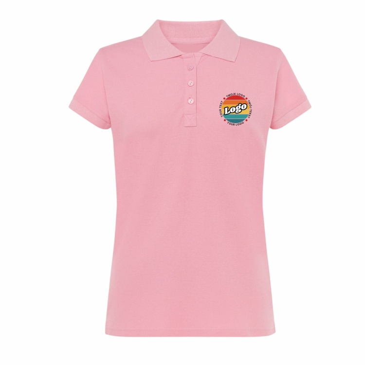 Koszulka polo damska rózowa krótki rękaw z własnym nadrukiem kreator online przód.jpg