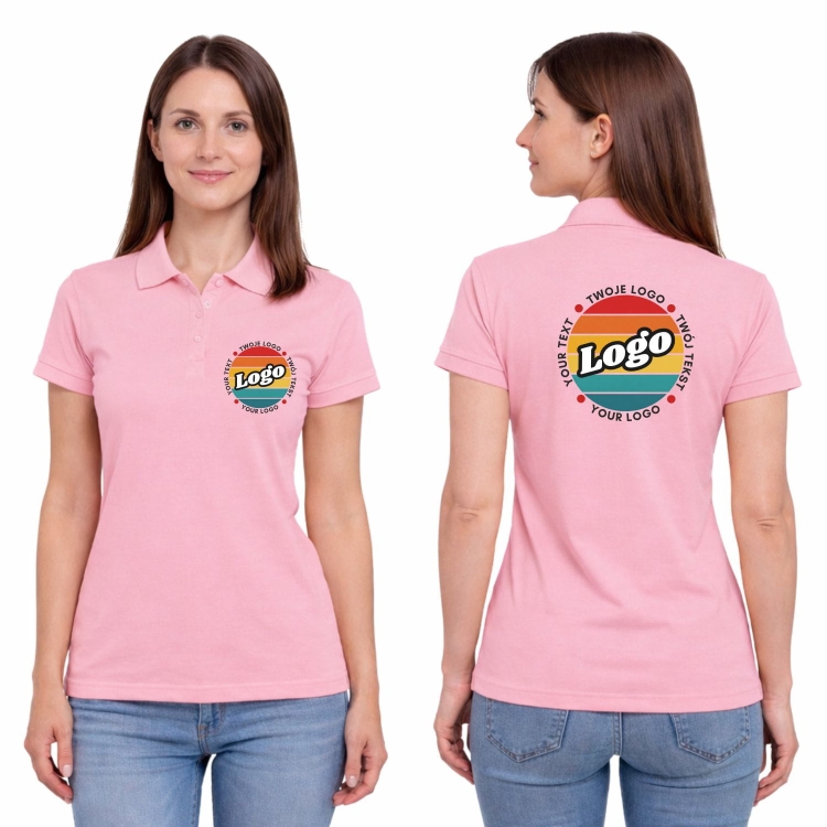 Koszulka polo damska rózowa krótki rękaw z własnym nadrukiem kreator online.jpg