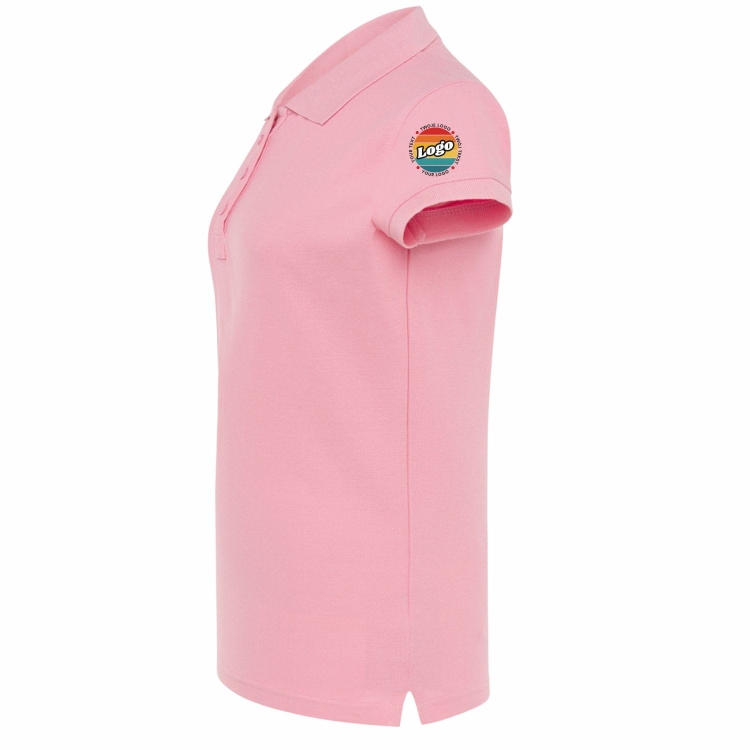 Koszulka polo damska różowa krótki rękaw z własnym nadrukiem kreator online lewy bok.jpg