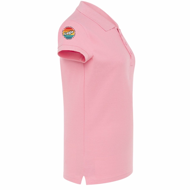Koszulka polo damska różowa krótki rękaw z własnym nadrukiem kreator online prawy bok.jpg