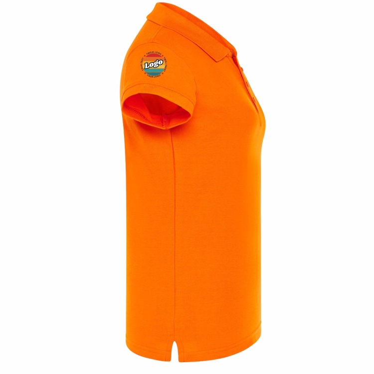 Koszulka polo damska pomarańczowa krótki rękaw z własnym nadrukiem kreator online prawy bok.jpg
