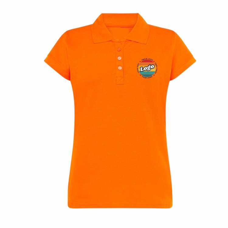 Koszulka polo damska pomarańczowa krótki rękaw z własnym nadrukiem kreator online przód.jpg
