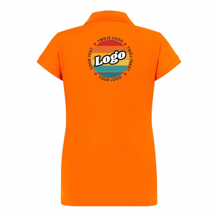 Koszulka polo damska pomarańczowa krótki rękaw z własnym nadrukiem kreator online tył.jpg