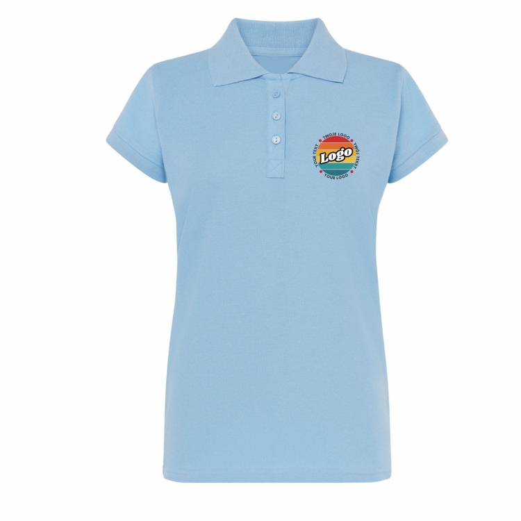 Koszulka polo damska niebieskim krótki rękaw z własnym nadrukiem kreator online przód.jpg