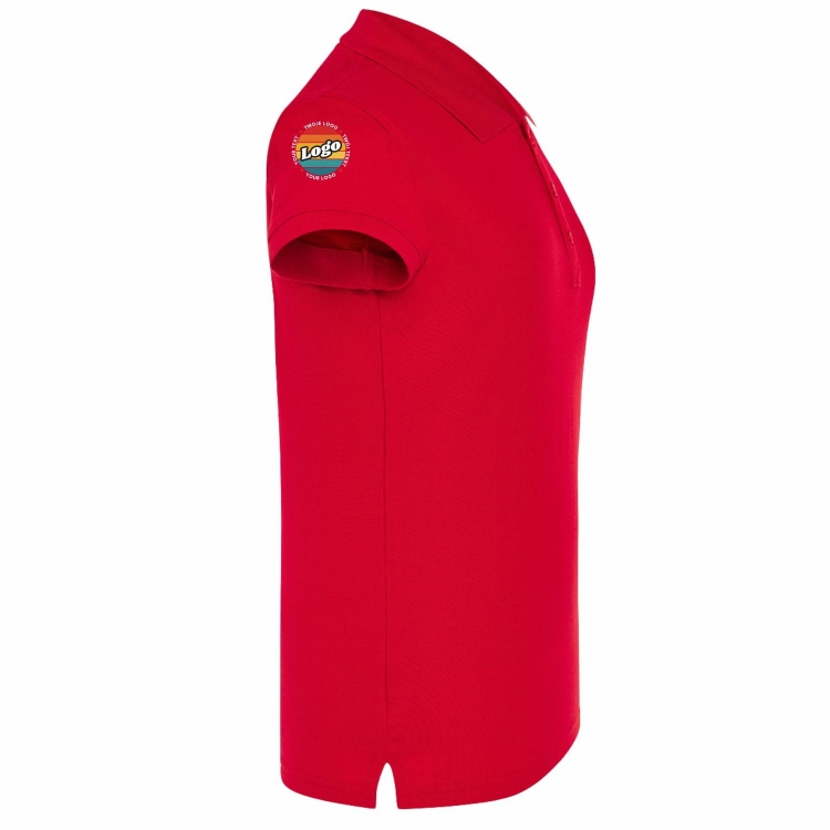 Koszulka polo damska czerwona krótki rękaw z własnym nadrukiem kreator online prawy bok.jpg