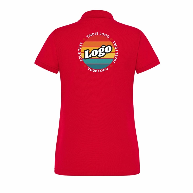 Koszulka polo damska czerwona krótki rękaw z własnym nadrukiem kreator online tył.jpg