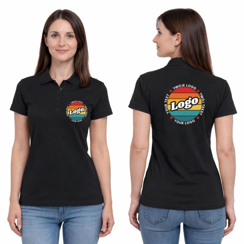 Koszulka polo damska czarna krótki rękaw z własnym nadrukiem kreator online.jpg