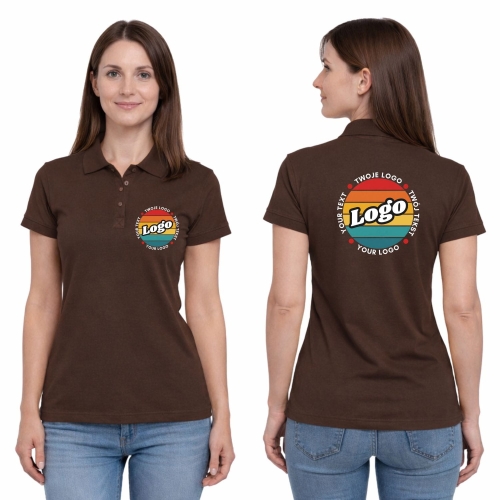 Koszulka polo damska brązowa krótki rękaw z własnym nadrukiem kreator online.jpg