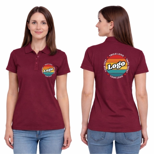 Koszulka polo damska bordowa krótki rękaw z własnym nadrukiem kreator online.jpg